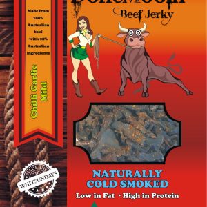 Buy Done Mooin Chilli Garlic Mild Jerky – Australian beef snack with garlic seasoning and mild chilli flavour.