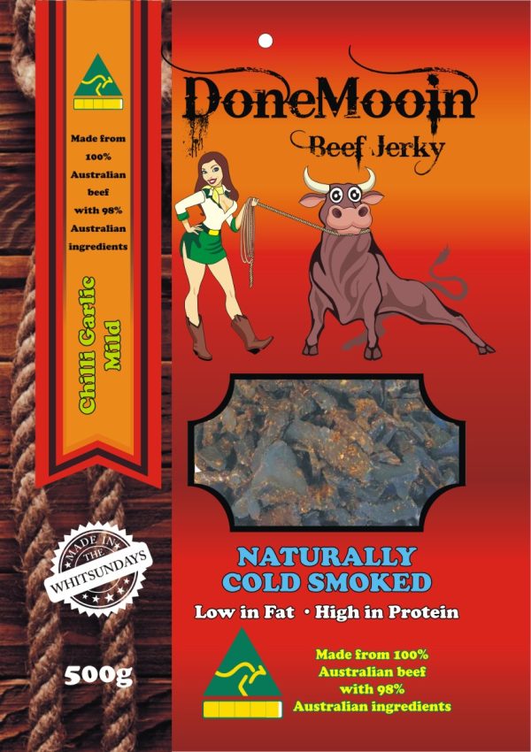 Done Mooin Chilli Garlic Mild 500g Buy Done Mooin Chilli Garlic Mild Jerky – Australian beef snack with garlic seasoning and mild chilli flavour.