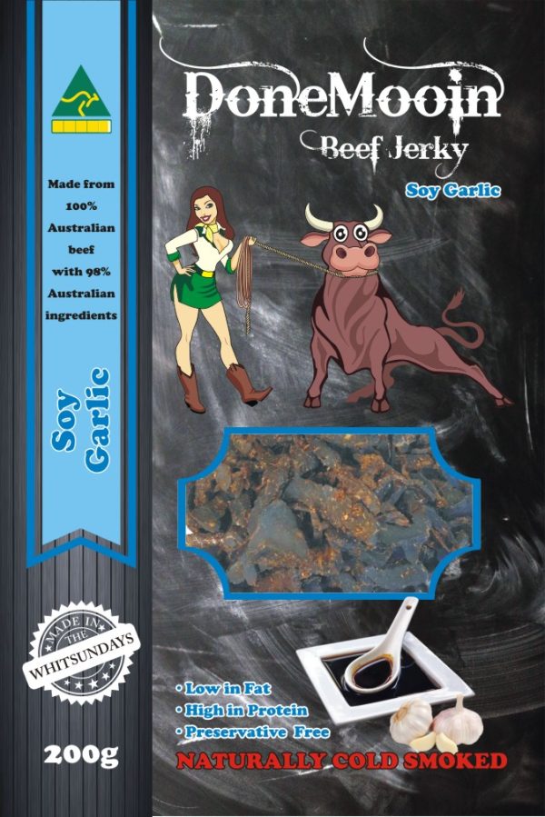 Soy Garlic 200g Buy Done Mooin Soy Garlic Jerky – savoury Australian beef jerky with rich soy and garlic marinade.