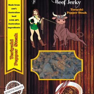 Buy Done Mooin Teriyaki Pepper Jerky – sweet and savoury beef jerky with cracked black pepper kick.