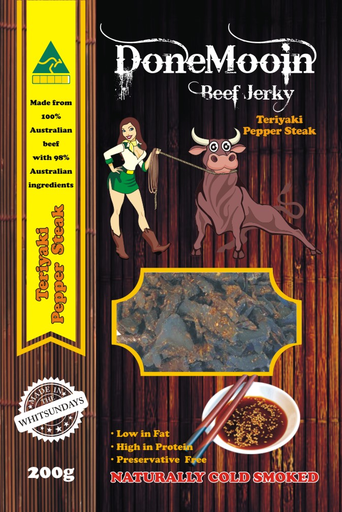 Buy Done Mooin Teriyaki Pepper Jerky – sweet and savoury beef jerky with cracked black pepper kick.