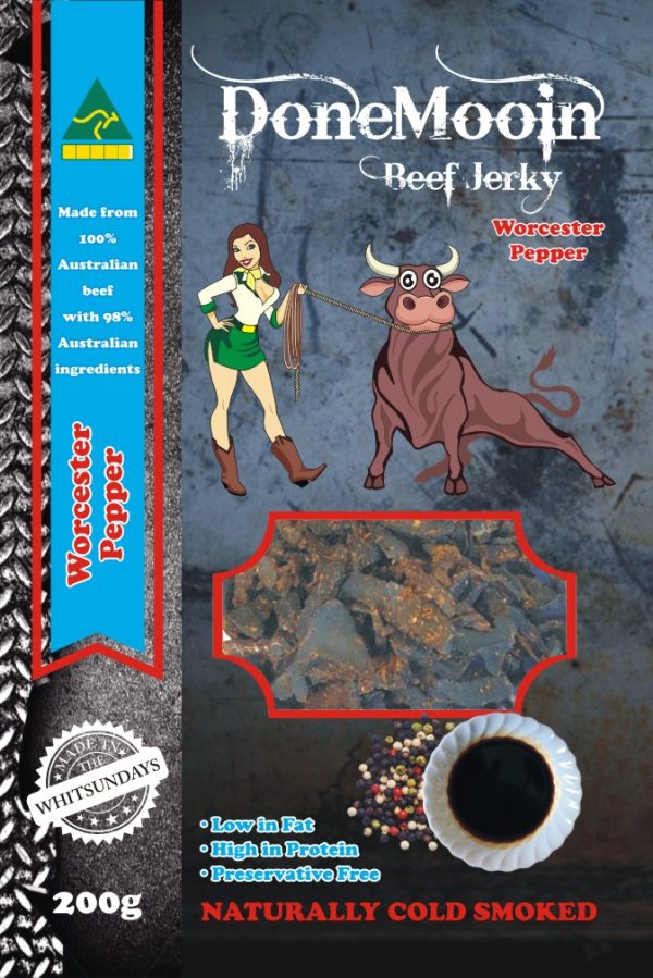 Buy Done Mooin Worcester Jerky – savoury, tangy Australian beef snack with bold Worcester-style marinade.